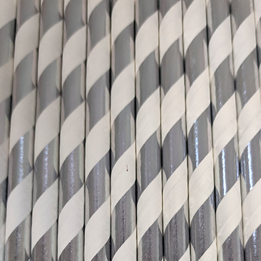 Silver and White Striped Paper Straws (25 pcs)
