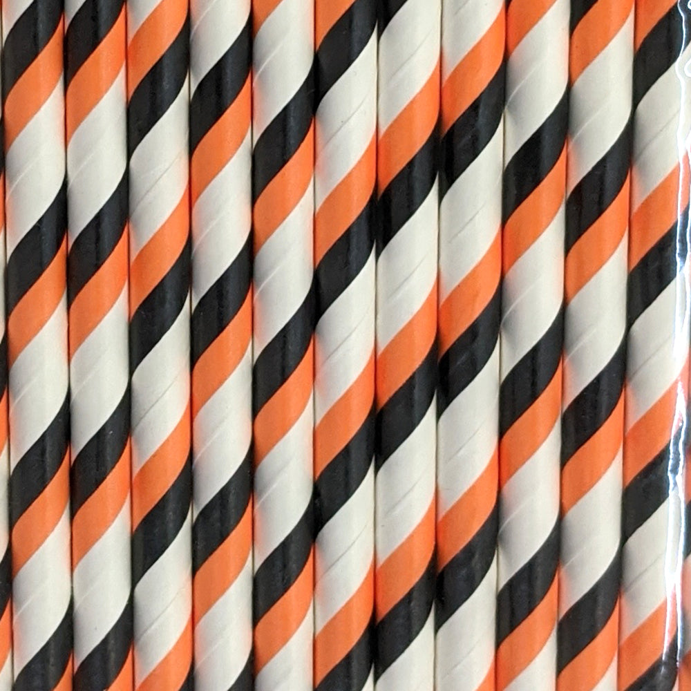 White, Black and Orange  Striped Paper Straws (25 pcs)
